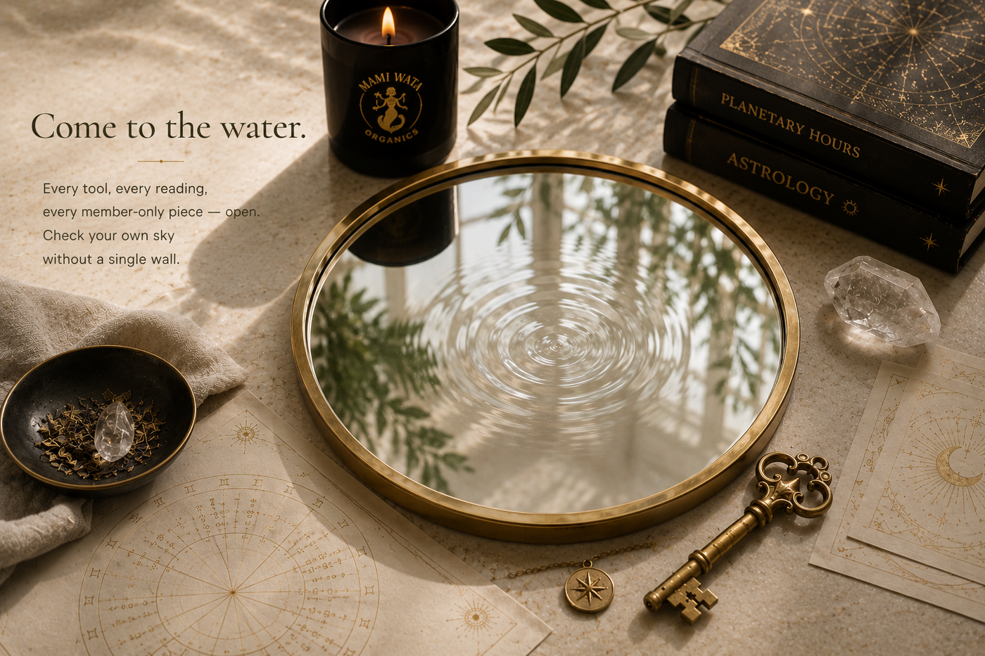 Mami Wata Organics ritual tools -- candle, mirror, tarot, and astrology books